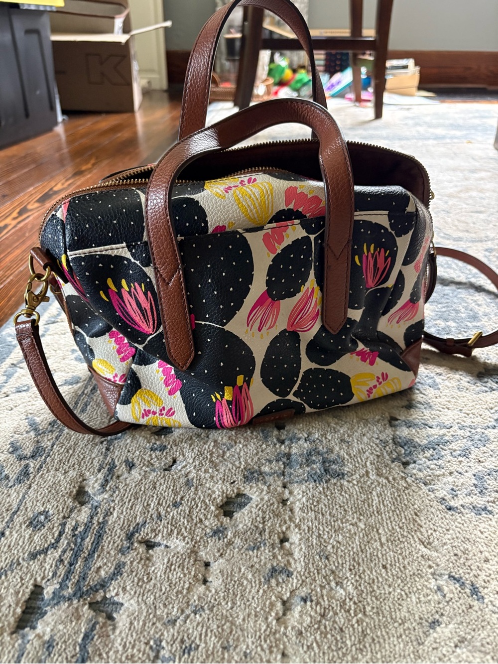 Fossil Black, Pink & Yellow Floral Cactus Satchel